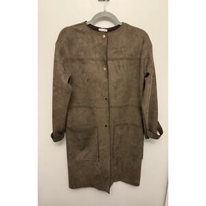 Zara Jacket Women's Small Olive Brown WB Collection Faux Suede Coat Snap Closure